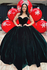 Velvet Quinceanera Ball Gown in Pine Green with Off-the-Shoulder Bow