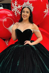 Velvet Quinceanera Ball Gown in Pine Green with Off-the-Shoulder Bow