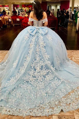 Princess Quinceanera Dress in Sky Blue with Off-the-Shoulder Applique and Tulle Train