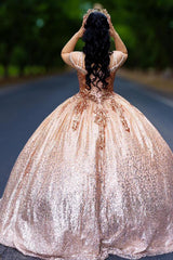Gold Sparkle Princess Quinceanera Dress with Cold Shoulder and Beaded Sequins