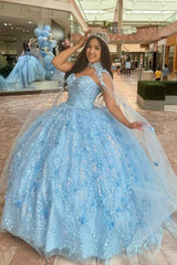Sweetheart Ball Gown in Sky Blue Tulle with Applique for Quinceanera