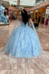 Sweetheart Ball Gown in Sky Blue Tulle with Applique for Quinceanera