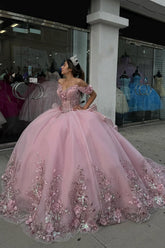 Off-the-Shoulder Blush Pink Ball Gown with Floral Applique and Tulle Train for Quinceanera