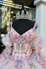 Princess Quinceanera Dress in Blush Pink with Flower Applique and Spaghetti Straps
