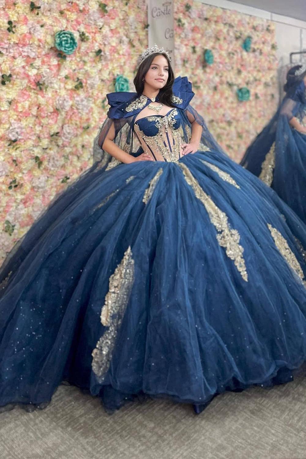 Golden Beaded Navy Off-the-Shoulder Tulle Quinceanera Ball Gown with Train