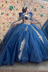 Golden Beaded Navy Off-the-Shoulder Tulle Quinceanera Ball Gown with Train