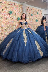 Golden Beaded Navy Off-the-Shoulder Tulle Quinceanera Ball Gown with Train