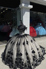 Off the Shoulder Black Champagne Princess Dress with Floral Applique and Tulle Train for Quinceanera