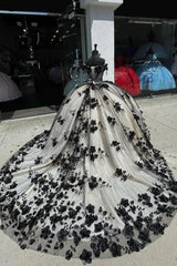 Off the Shoulder Black Champagne Princess Dress with Floral Applique and Tulle Train for Quinceanera