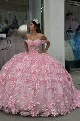 Off-the-Shoulder Floral Ball Gown in Blush Pink Tulle with Applique for Quinceanera