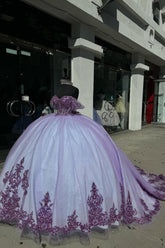 Lavender Sparkle Princess Quinceanera Dress with Off-Shoulder Sequin Applique and Tulle Train
