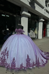 Lavender Sparkle Princess Quinceanera Dress with Off-Shoulder Sequin Applique and Tulle Train