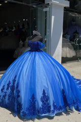 Royal Blue Sparkle Off-Shoulder Sequin Ball Gown with Tulle Train for Quinceanera