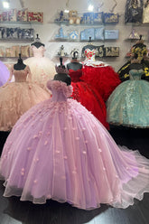 Off the Shoulder Princess Tulle Quinceanera Dress in Candy Pink with Applique