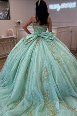Tulle Quinceanera Ball Gown with Mint Spaghetti Straps and Bow Applique