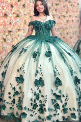 Off the Shoulder Dark Green Princess Tulle Quinceanera Dress with Floral Applique and Champagne Accents