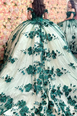 Off the Shoulder Dark Green Princess Tulle Quinceanera Dress with Floral Applique and Champagne Accents