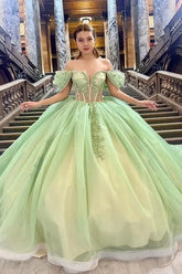 Sage Off-the-Shoulder Princess Quinceanera Dress with Beaded Applique and Tulle Train