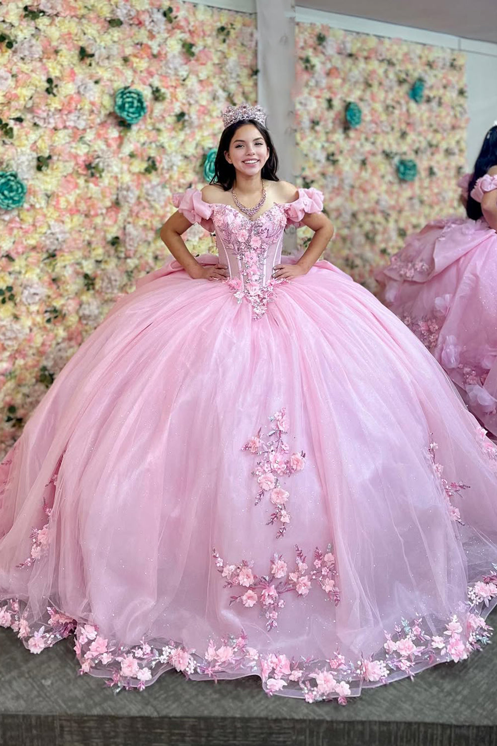 Princess Quinceanera Dress in Candy Pink with Floral Sequin Applique and Off-the-Shoulder Tulle Train