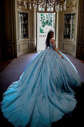 Princess Quinceanera Dress in Sky Blue with Off-the-Shoulder Sequin Applique and Tulle Train