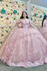Princess Quinceanera Dress in Blush Pink with Off-Shoulder Sequin Applique and Tulle Cape
