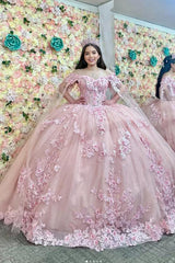 Princess Quinceanera Dress in Blush Pink with Off-Shoulder Sequin Applique and Tulle Cape