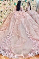 Princess Quinceanera Dress in Blush Pink with Off-Shoulder Sequin Applique and Tulle Cape