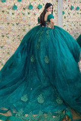 Off-the-Shoulder Sparkly Pine Applique Princess Tulle Dress with Train for Quinceanera