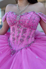 Princess Quinceanera Dress in Candy Pink with Beading and Off-the-Shoulder Tulle