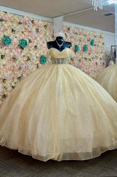 Sequined Princess Quinceanera Dress in Sparkly Daffodil with Off-Shoulder Tulle and Beading