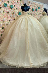 Sequined Princess Quinceanera Dress in Sparkly Daffodil with Off-Shoulder Tulle and Beading