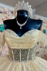 Sequined Princess Quinceanera Dress in Sparkly Daffodil with Off-Shoulder Tulle and Beading