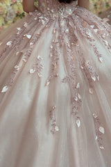 Princess Quinceanera Dress in Dusty Rose with Beaded Applique and Off-Shoulder Tulle Train