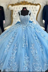 Princess Quinceanera Dress in Light Blue Tulle with Spaghetti Straps and Appliques
