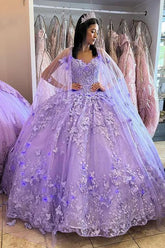Quinceanera Dress in Lilac with Caped Tulle and Spaghetti Straps, Featuring Appliques