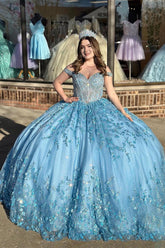 Off-the-Shoulder Blue Tulle Corset Ball Gown with Appliques for Quinceanera