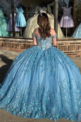 Off-the-Shoulder Blue Tulle Corset Ball Gown with Appliques for Quinceanera