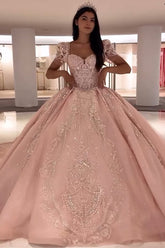 Pink Sparkle Square-Neck Puff-Sleeve Ball Gown with Applique and Train for Quinceanera