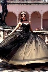 Quinceanera Dress in Sparkly Black Tulle Featuring Spaghetti Straps and Appliques