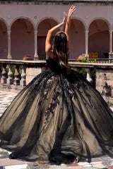 Quinceanera Dress in Sparkly Black Tulle Featuring Spaghetti Straps and Appliques