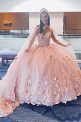 Princess Sweetheart Quinceanera Dress in Pink with Tulle Applique and Cape