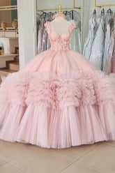 Quinceanera Dress with Pink Tulle Tiered Skirt and Spaghetti Straps Applique