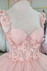 Quinceanera Dress with Pink Tulle Tiered Skirt and Spaghetti Straps Applique