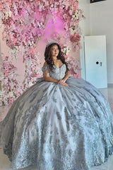 Princess Off-the-Shoulder Quinceanera Dress in Silver Grey with Tulle Applique and Beading