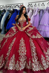 Red Sparkle Off-Shoulder Tulle Quinceanera Ball Gown with Gold Appliques