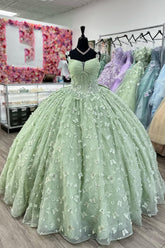 Princess Quinceanera Corset Dress in Sage with Tulle and Spaghetti Straps Applique