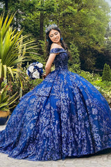 Navy Off-the-Shoulder Ball Gown with Sparkly Sequins Applique for Quinceanera