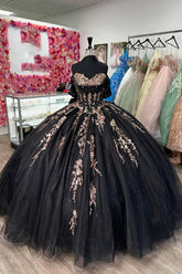 Off-the-Shoulder Black Ball Gown with Sequins and Appliques for Quinceanera