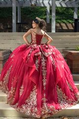 Off-the-Shoulder Red Tulle Quinceanera Dress with Sparkly Sequins Applique