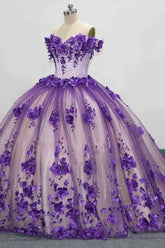 Quinceanera Princess Dress in Purple Tulle with Off-the-Shoulder Applique